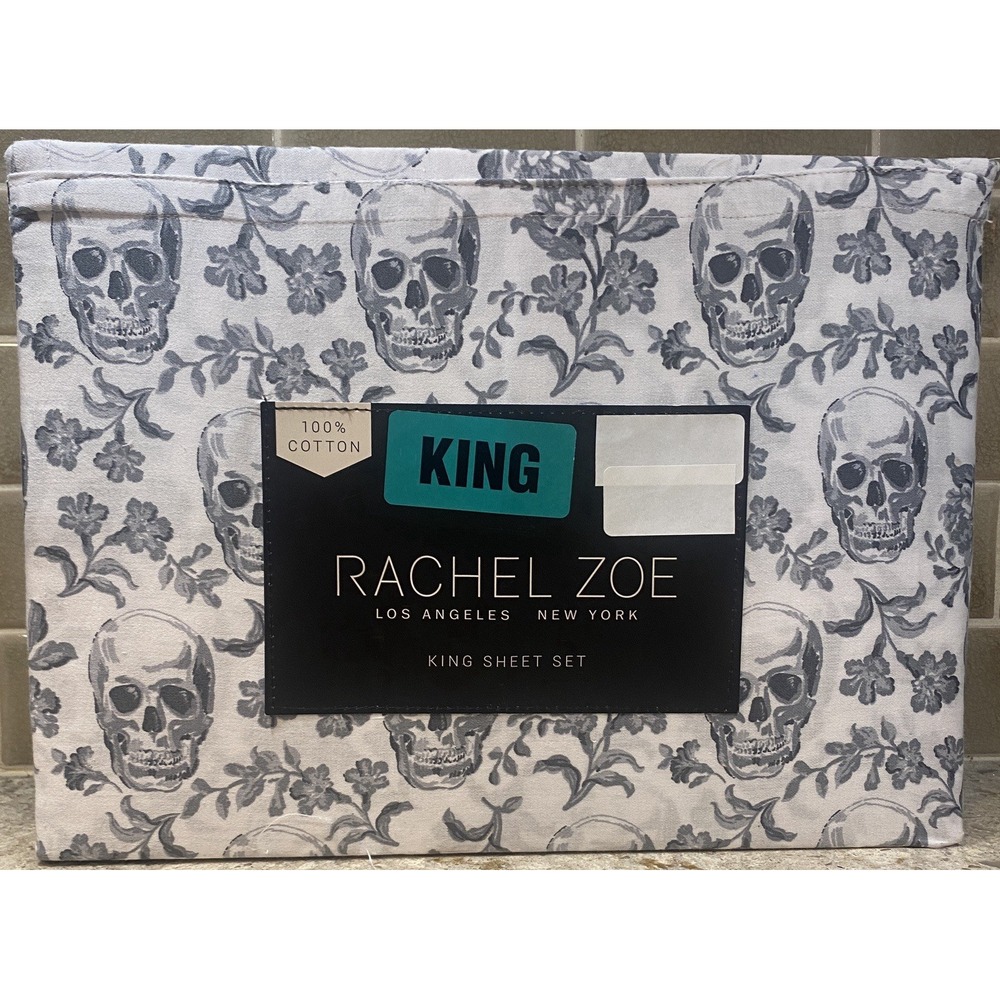Rachel Zoe Halloween Floral Skulls King Sheet Set 100% Cotton Gray Multi NEW
